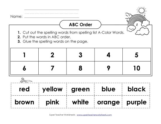 ABC Order - ABC Order: Cut and Glue (A-Color Words)  (Printable PDF Worksheet)