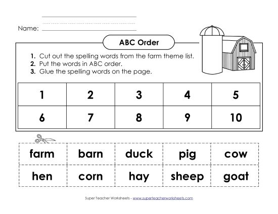 ABC Order - ABC Order: Cut and Glue (A-Farm Words)  (Printable PDF Worksheet)