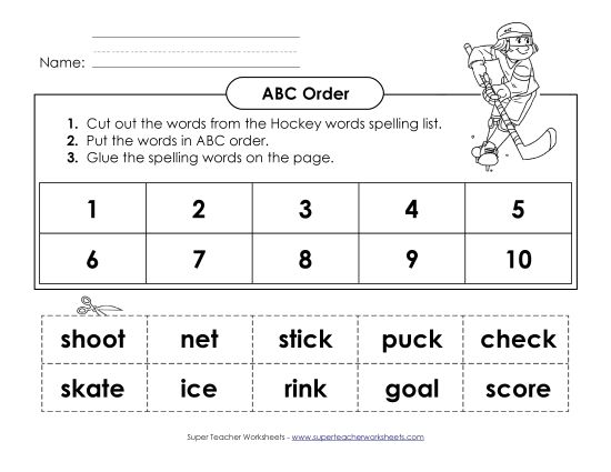 ABC Order - ABC Order: Cut and Glue (A-Hockey Words)  (Printable PDF Worksheet)