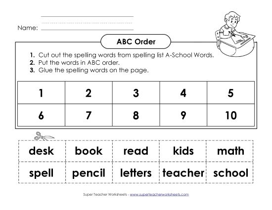 ABC Order - ABC Order: Cut and Glue (A-School Words)  (Printable PDF Worksheet)