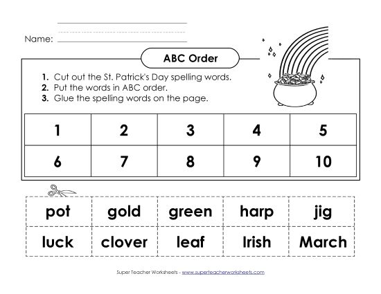 ABC Order - ABC Order: Cut and Glue (A-St. Patrick's Day)  (Printable PDF Worksheet)