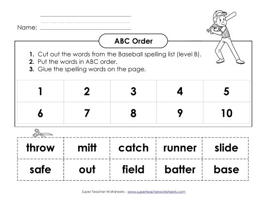 ABC Order - ABC Order: Cut and Glue (B-Baseball)  (Printable PDF Worksheet)
