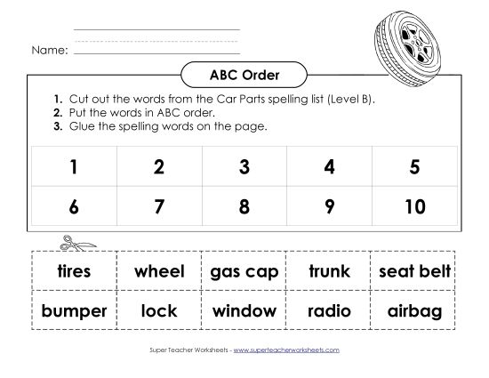 ABC Order - ABC Order: Cut and Glue (B-Car Parts)  (Printable PDF Worksheet)