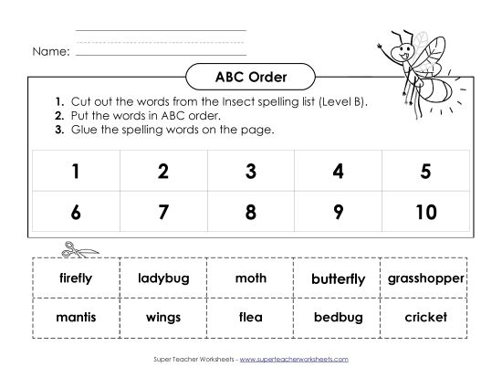 ABC Order - ABC Order: Cut and Glue (B-Insect Words)  (Printable PDF Worksheet)