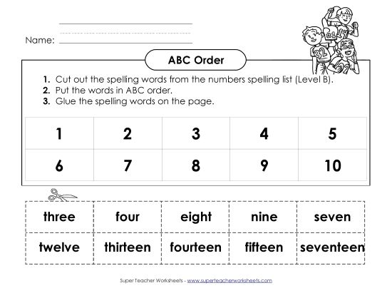 ABC Order - ABC Order: Cut and Glue (B-Number Words)  (Printable PDF Worksheet)