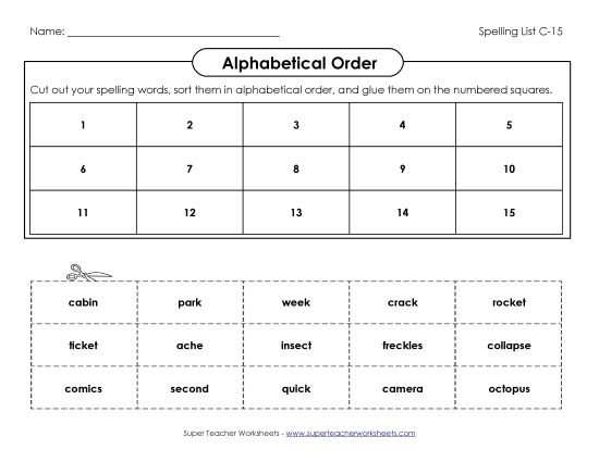 Alphabetical Order - ABC Order: Cut and Glue (C-15) (Printable PDF Worksheet)