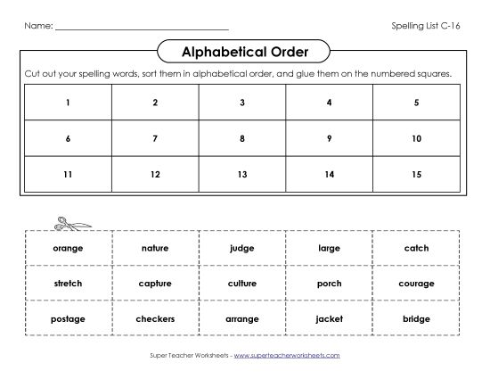 Alphabetical Order - ABC Order: Cut and Glue (C-16)  (Printable PDF Worksheet)