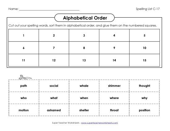 Alphabetical Order - ABC Order: Cut-and-Glue (C-17) (Printable PDF Worksheet)