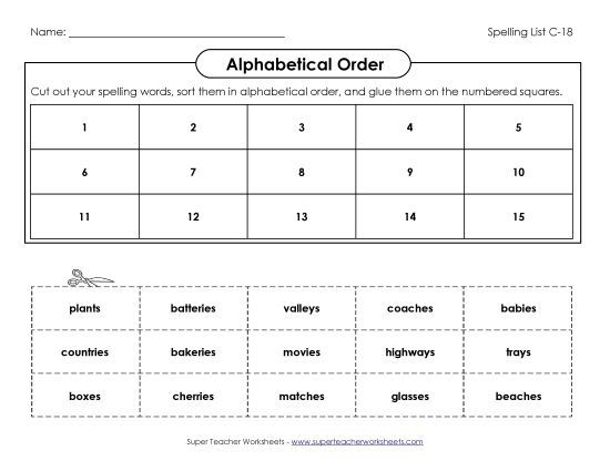 Alphabetical Order - ABC Order: Cut and Glue (C-18) (Printable PDF Worksheet)