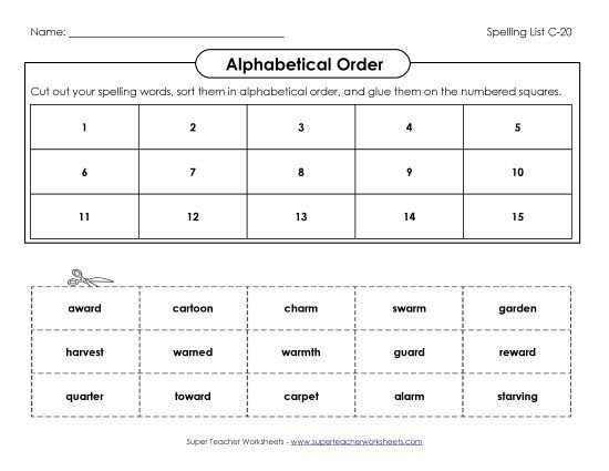 Alphabetical Order - ABC Order: Cut and Glue (C-20) (Printable PDF Worksheet)