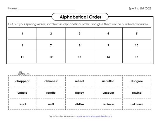 Alphabetical Order - ABC Order: Cut and Glue (C-22) (Printable PDF Worksheet)
