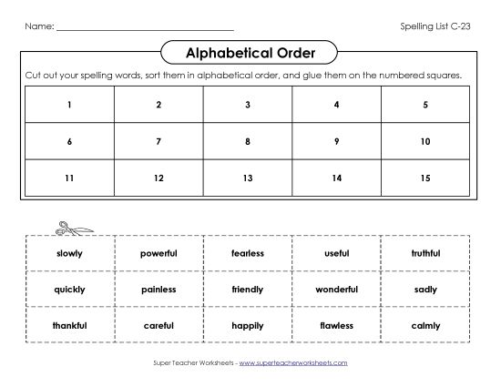 Alphabetical Order - ABC Order: Cut and Glue (C-23) (Printable PDF Worksheet)
