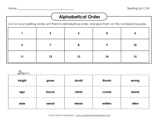 Alphabetical Order - ABC Order: Cut-and-Glue (C-24) (Printable PDF Worksheet)