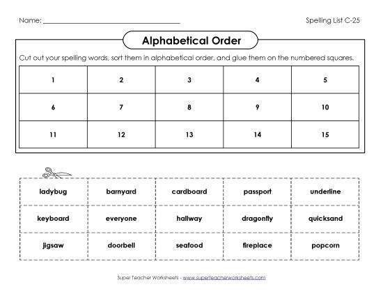 Alphabetical Order - ABC Order: Cut and Glue (C-25) (Printable PDF Worksheet)