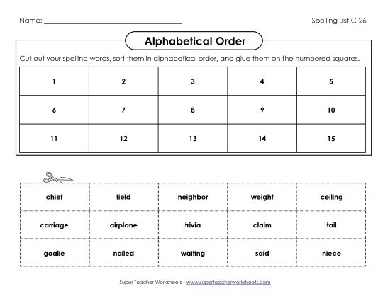 Alphabetical Order - ABC Order: Cut and Glue (C-26) (Printable PDF Worksheet)