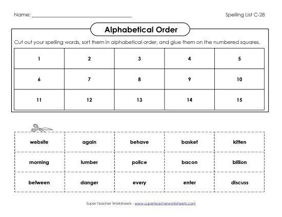 Alphabetical Order - ABC Order: Cut and Glue (C-28) (Printable PDF Worksheet)
