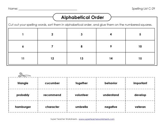 Alphabetical Order - ABC Order: Cut and Glue (C-29) (Printable PDF Worksheet)