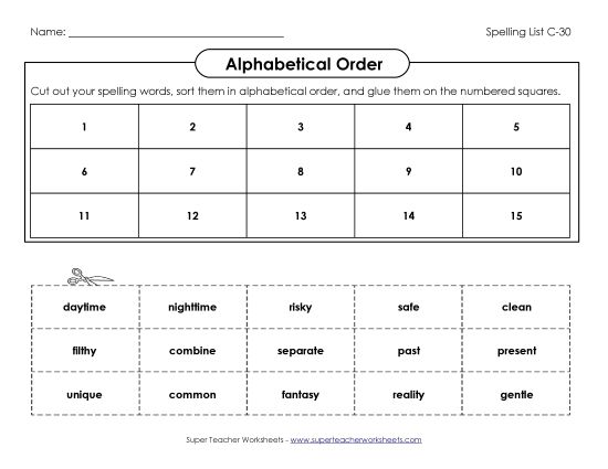Alphabetical Order - ABC Order: Cut and Glue (C-30) (Printable PDF Worksheet)