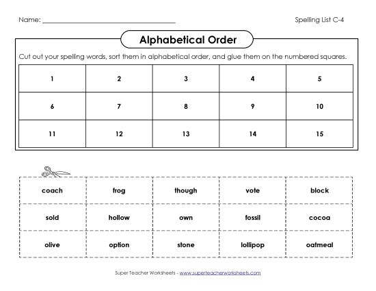Alphabetical Order - ABC Order: Cut & Glue (C-4) (Printable PDF Worksheet)