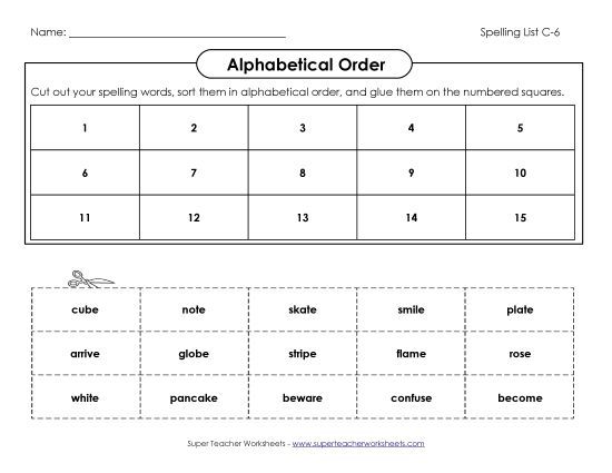 Alphabetical Order - ABC Order: Cut & Glue (C-6) (Printable PDF Worksheet)
