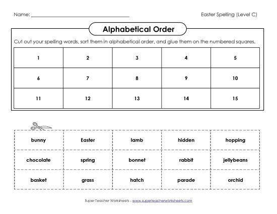 Alphabetical Order - ABC Order: Cut and Glue (C-Easter)  (Printable PDF Worksheet)