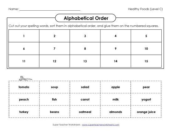 ABC Order - ABC Order: Cut and Glue (C-Healthy Foods)  (Printable PDF Worksheet)