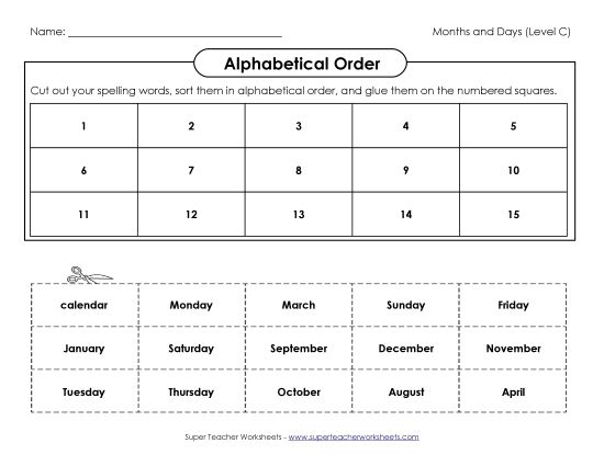 ABC Order - ABC Order: Cut and Glue (C-Months and Days)  (Printable PDF Worksheet)