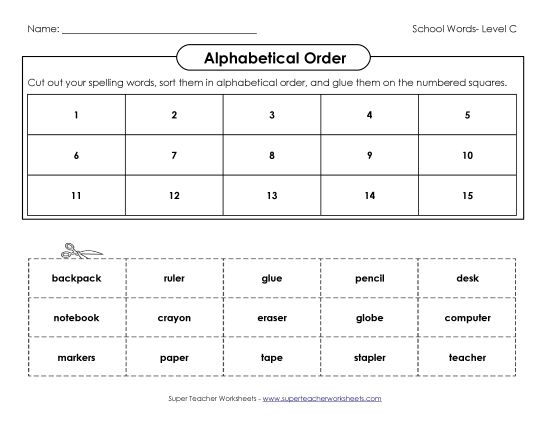 ABC Order - ABC Order: Cut and Glue (C-School Words)  (Printable PDF Worksheet)