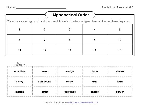 ABC Order - ABC Order: Cut and Glue (C-Simple Machines Words) (Printable PDF Worksheet)