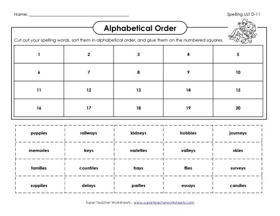 Alphabetical Order - ABC Order: Cut and Glue (D-11) (Printable PDF Worksheet)