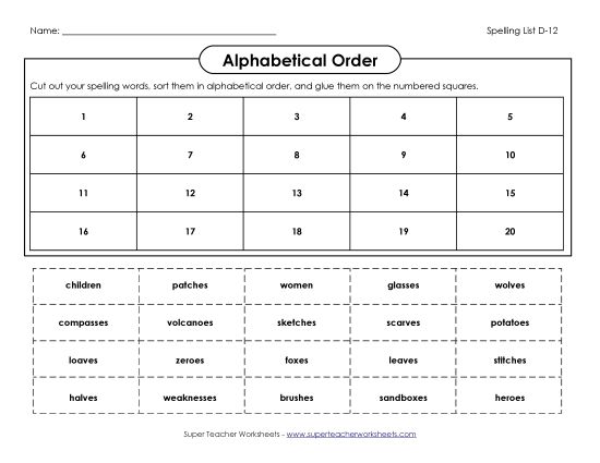 Alphabetical Order - ABC Order: Cut & Glue (D-12) (Printable PDF Worksheet)
