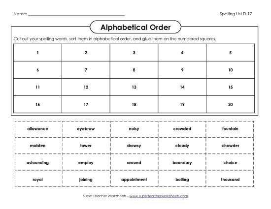Alphabetical Order - ABC Order: Cut-and-Glue (D-17) (Printable PDF Worksheet)