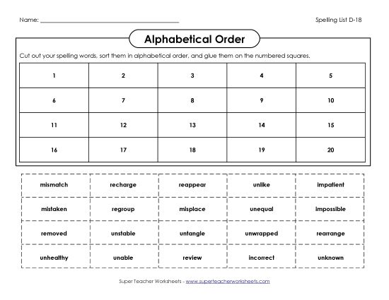 Alphabetical Order - ABC Order: Cut and Glue (D-18) (Printable PDF Worksheet)