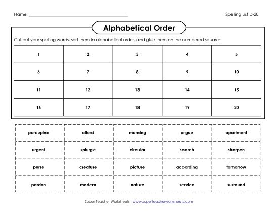 Alphabetical Order - ABC Order: Cut and Glue (D-20) (Printable PDF Worksheet)