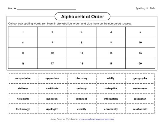 Alphabetical Order - ABC Order: Cut & Glue (D-24) (Printable PDF Worksheet)