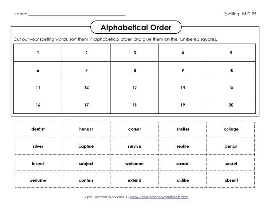 Alphabetical Order - ABC Order: Cut and Glue (D-25)  (Printable PDF Worksheet)