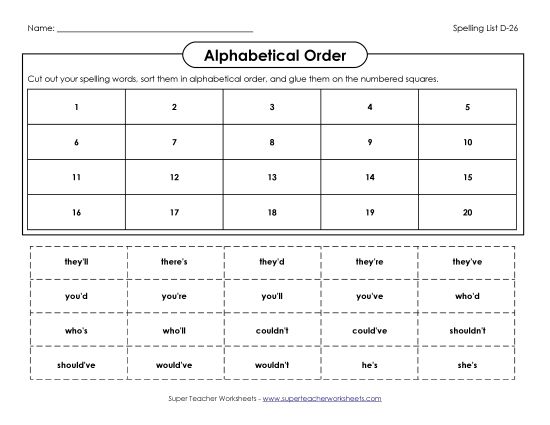 Alphabetical Order - ABC Order: Cut and Glue (D-26) (Printable PDF Worksheet)