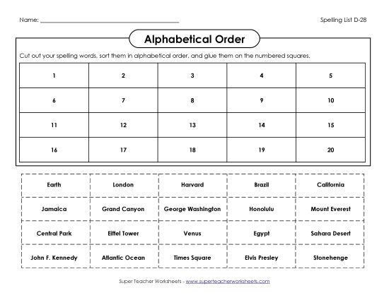 Alphabetical Order - ABC Order: Cut and Glue (D-28) (Printable PDF Worksheet)