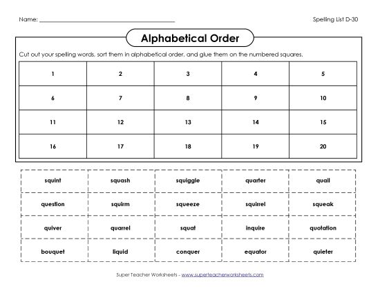 Alphabetical Order - ABC Order: Cut and Glue (D-30) (Printable PDF Worksheet)