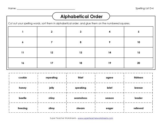Alphabetical Order - ABC Order: Cut and Glue (D-4) (Printable PDF Worksheet)