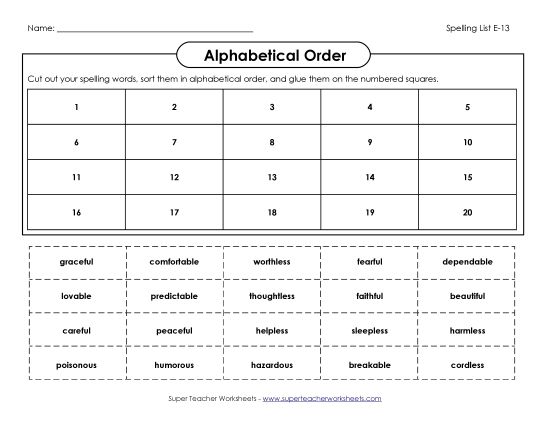 Alphabetical Order - ABC Order: Cut & Glue (E-13) (Printable PDF Worksheet)
