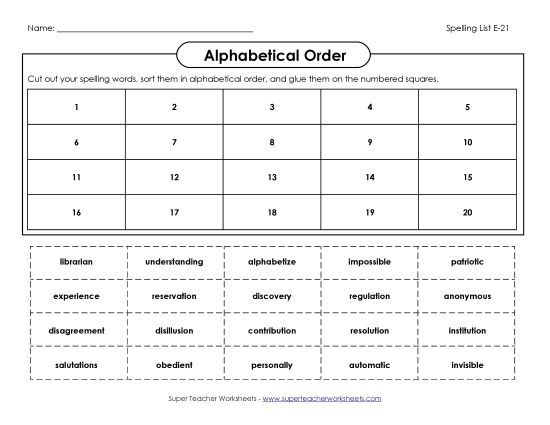 Alphabetical Order - ABC Order: Cut and Glue (E-21) (Printable PDF Worksheet)