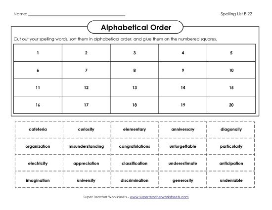 Alphabetical Order - ABC Order: Cut and Glue (E-22) (Printable PDF Worksheet)
