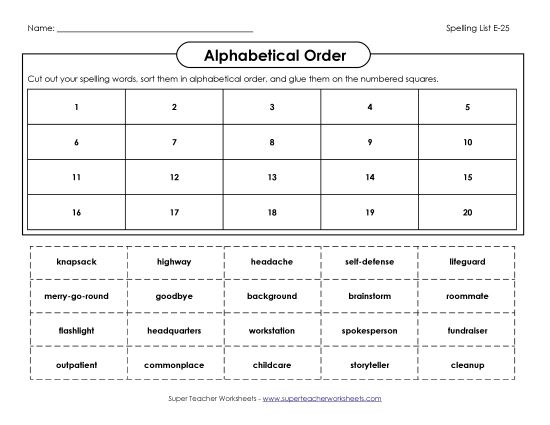 Alphabetical Order - ABC Order: Cut-and-Glue (E-25) (Printable PDF Worksheet)