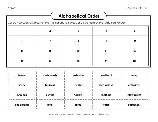 Alphabetical Order - ABC Order Cut-and-Glue (E-26) (Printable PDF Worksheet)