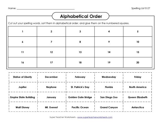 Alphabetical Order - ABC Order: Cut-and-Glue (E-27) (Printable PDF Worksheet)