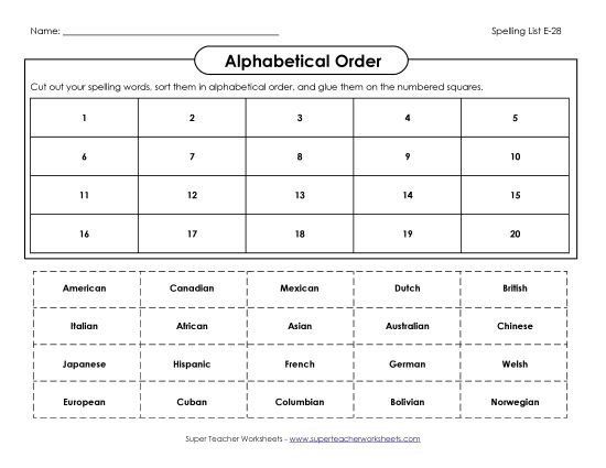 Alphabetical Order - ABC Order: Cut-and-Glue (E-28) (Printable PDF Worksheet)