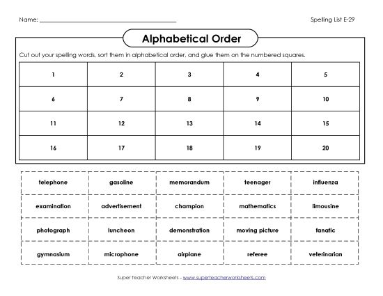 Alphabetical Order - ABC Order: Cut-and-Glue (E-29) (Printable PDF Worksheet)