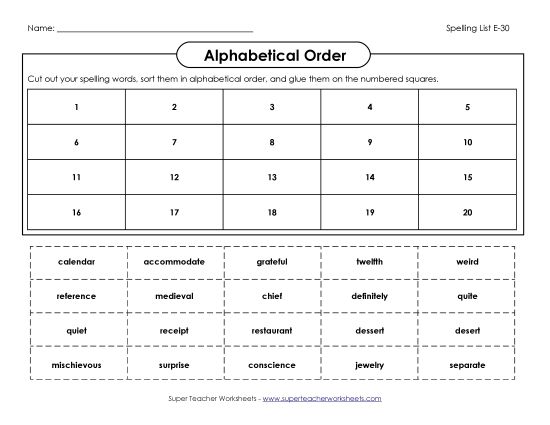 Alphabetical Order - ABC Order: Cut-and-Glue (E-30) (Printable PDF Worksheet)