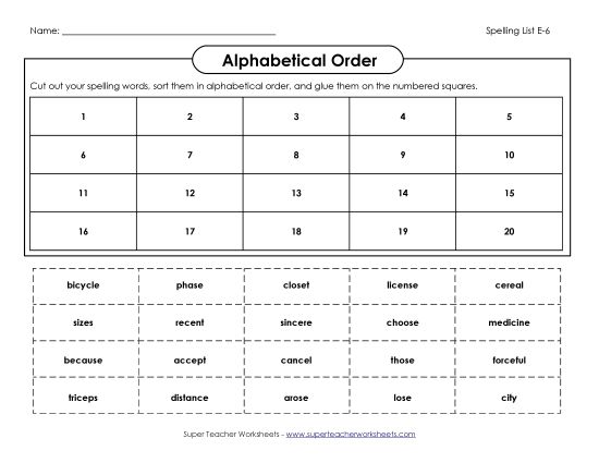 Alphabetical Order - ABC Order: Cut & Glue (E-6) (Printable PDF Worksheet)